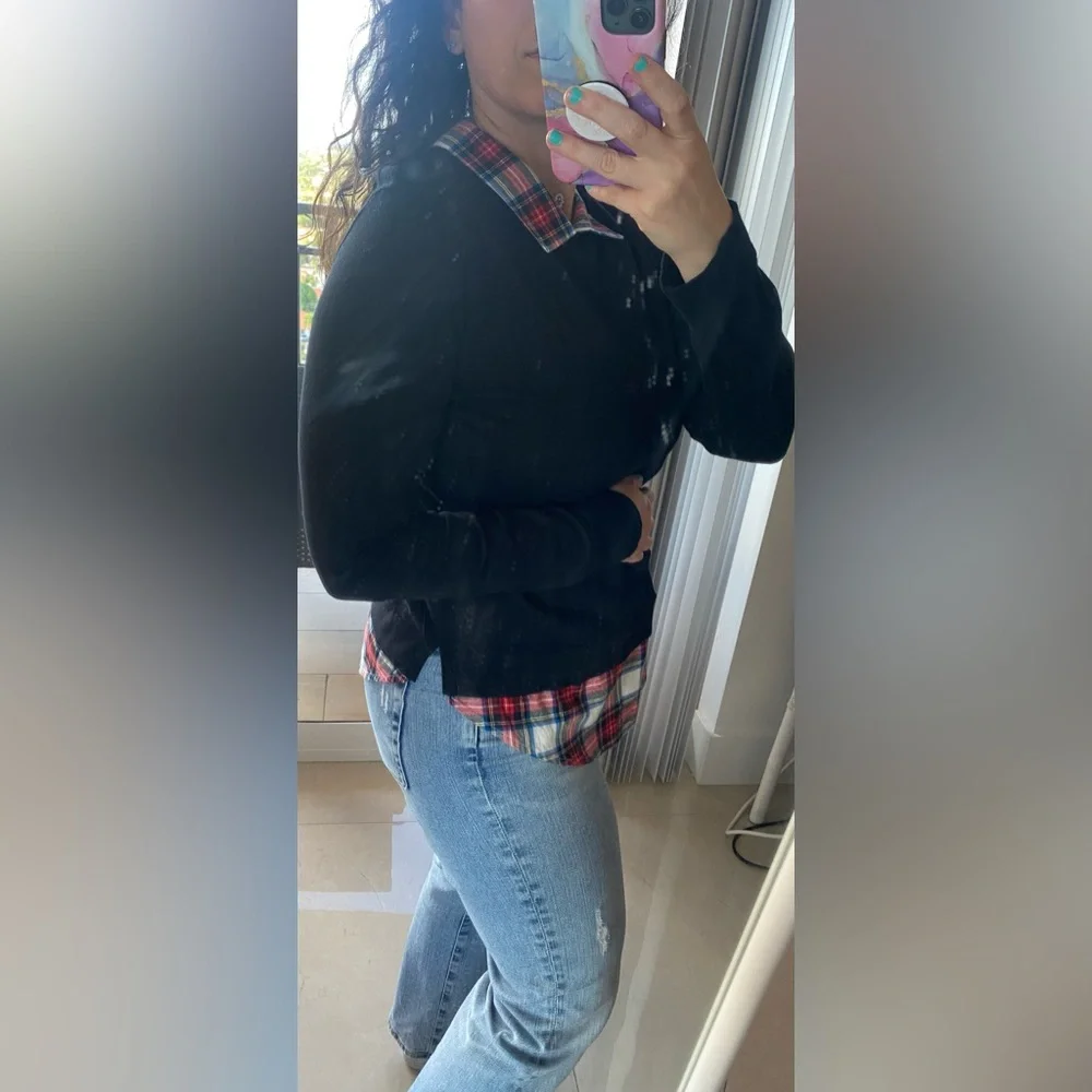 J. Crew Black Top with Red Plaid Collar